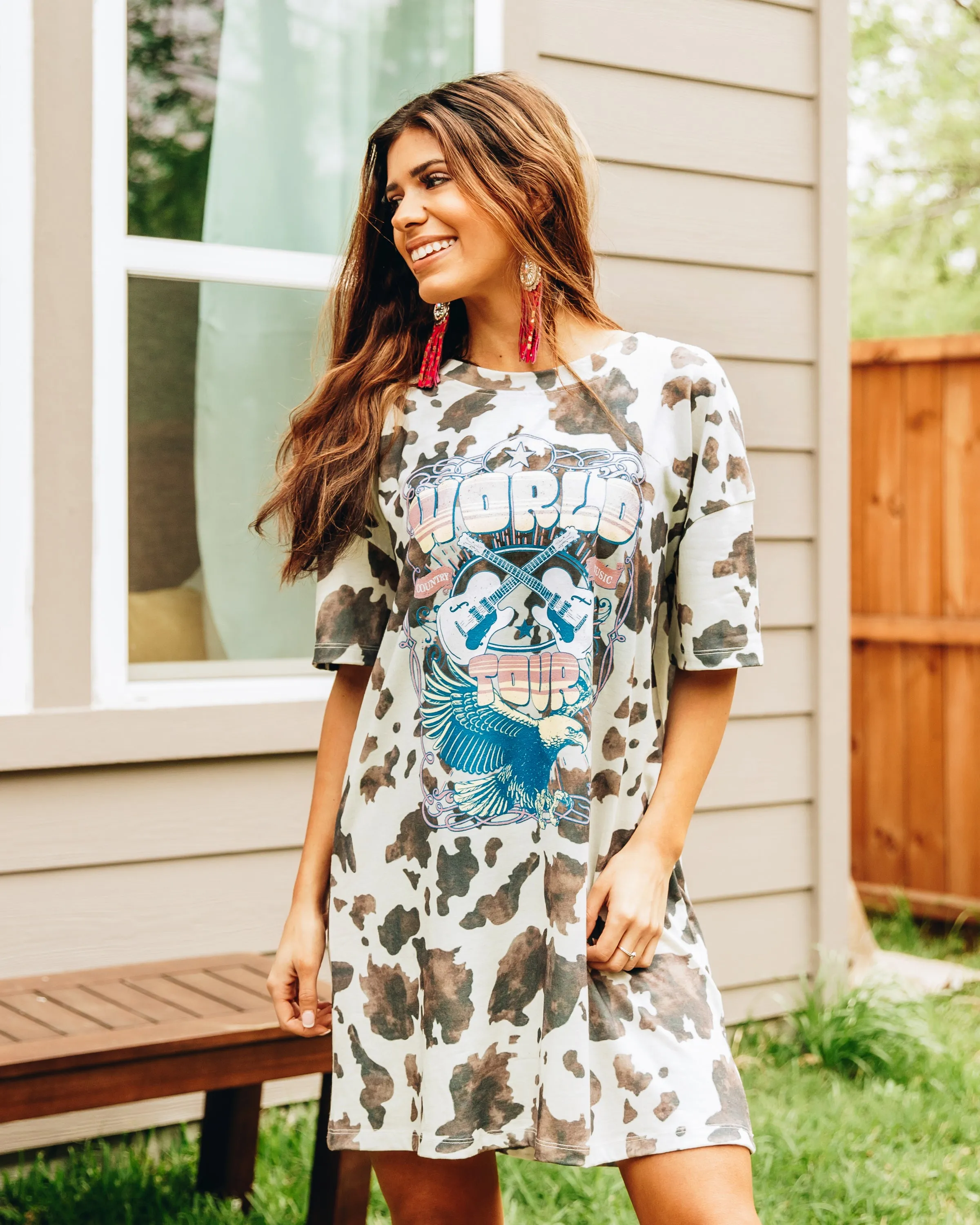 World Tour on white and brown cow print tee shirt dress