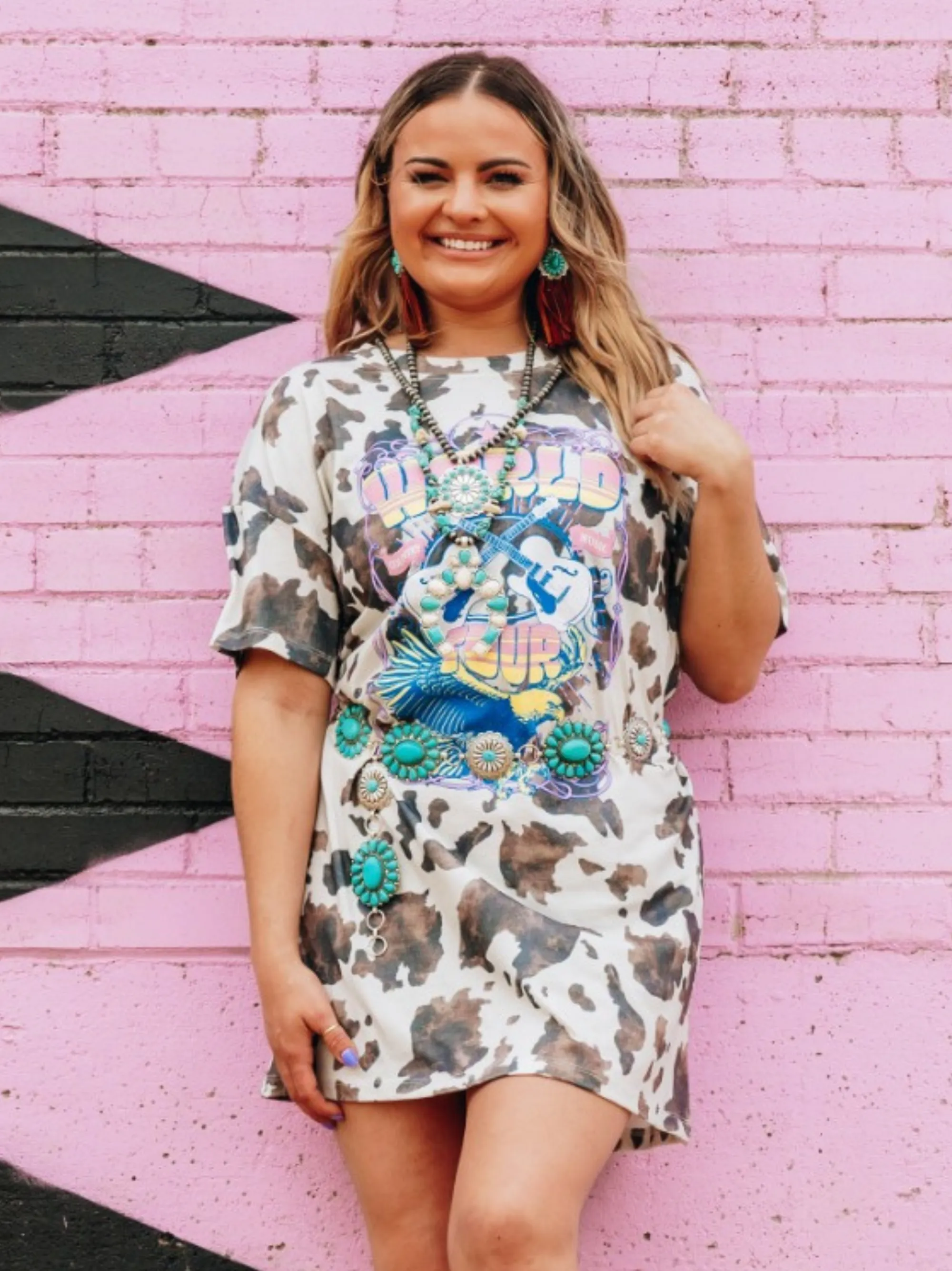 World Tour on white and brown cow print tee shirt dress