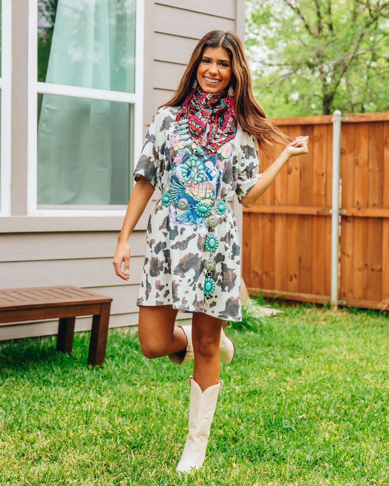 World Tour on white and brown cow print tee shirt dress
