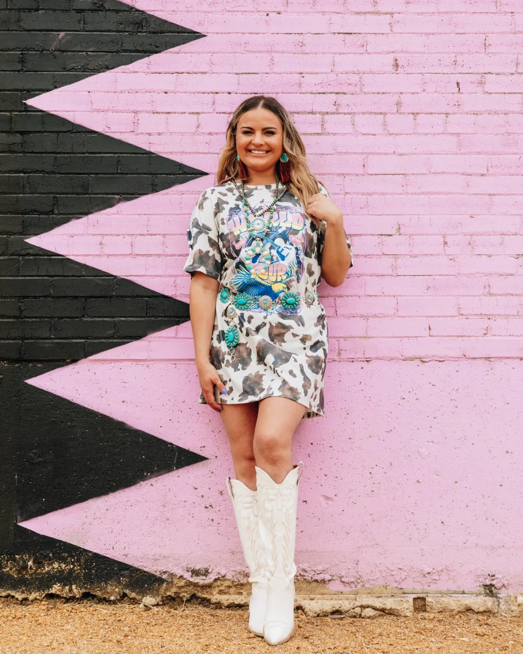 World Tour on white and brown cow print tee shirt dress
