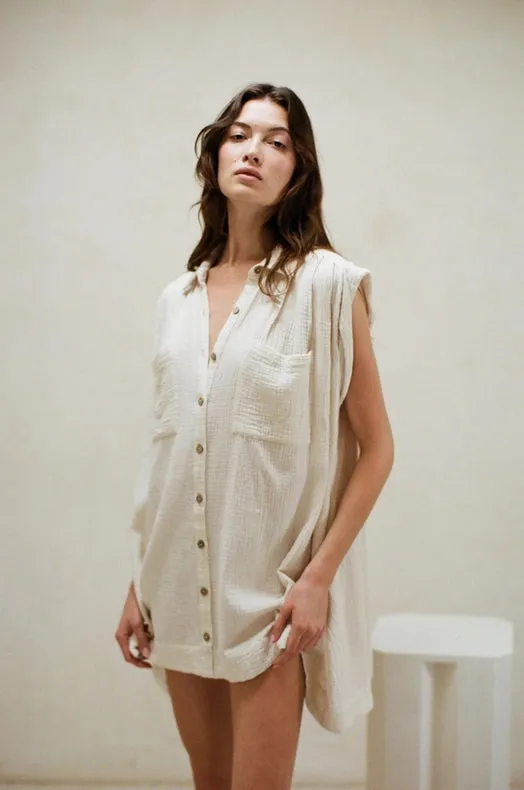 Woven Cotton Gauze Sleeveless Tunic Dress Ivory