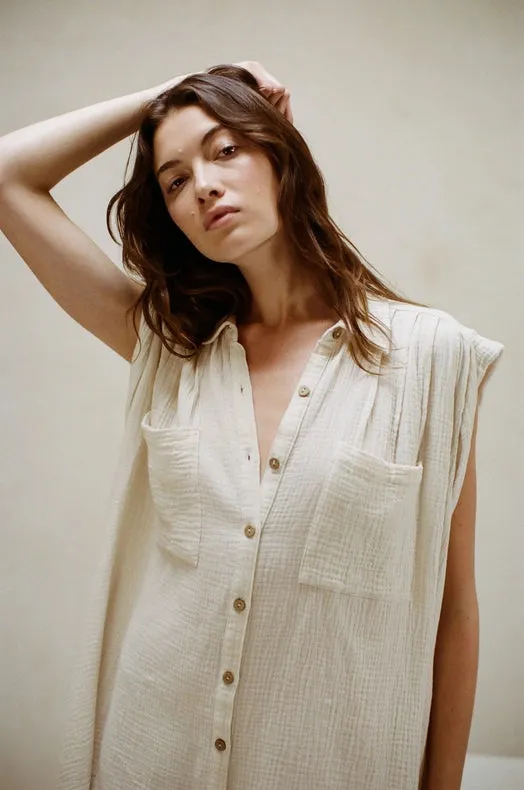 Woven Cotton Gauze Sleeveless Tunic Dress Ivory