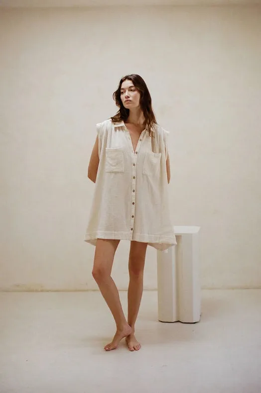 Woven Cotton Gauze Sleeveless Tunic Dress Ivory