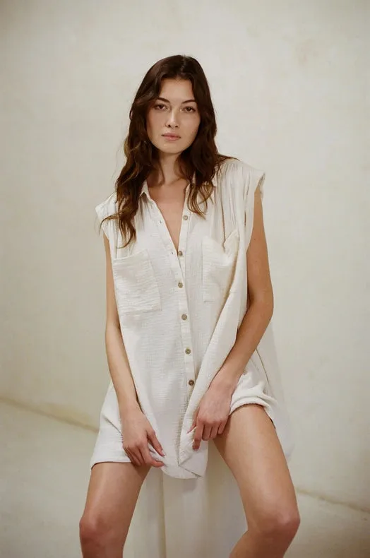 Woven Cotton Gauze Sleeveless Tunic Dress Ivory