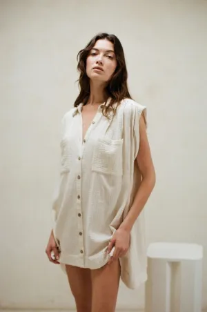 Woven Cotton Gauze Sleeveless Tunic Dress Ivory