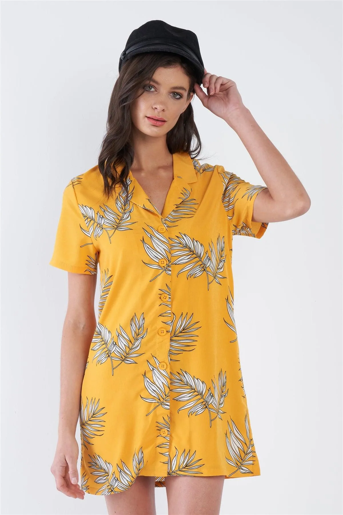 Yellow Tropical Print V-Neck Front Button Mini Shirt Dress /1-2-2