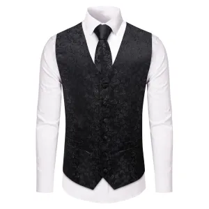 YourTies Black Floral Silk Men's Notched Lapel Vest Necktie Hanky Cufflinks Set