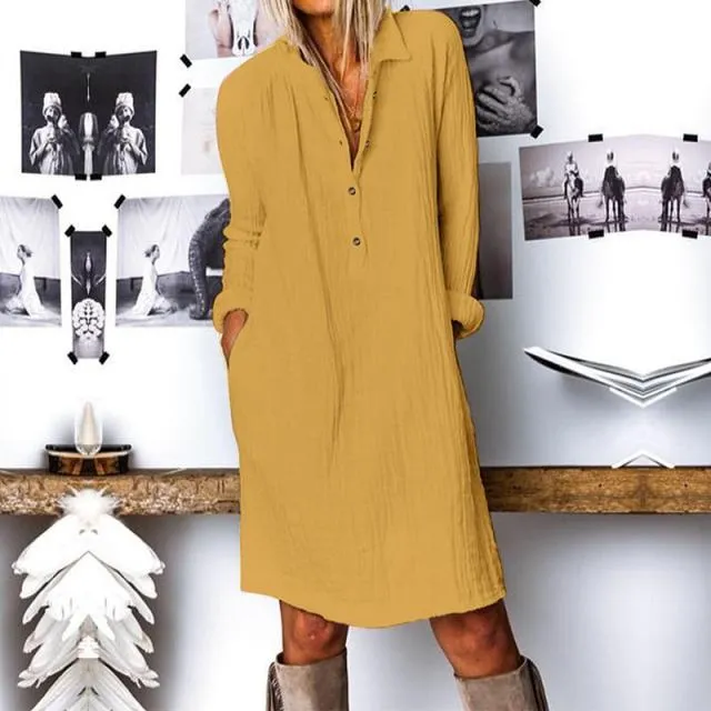 ZANZEA Sassy and Sharp Cotton Lapel Neck Pocket Shirt Dress