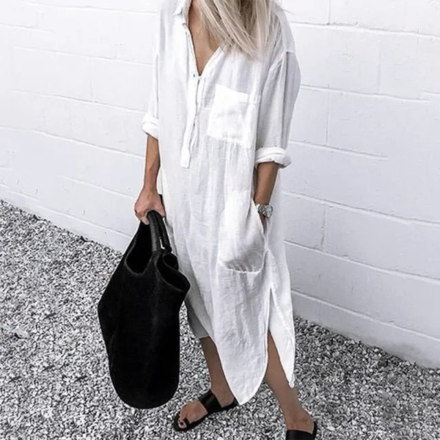 ZANZEA Sassy and Sharp Cotton Lapel Neck Pocket Shirt Dress