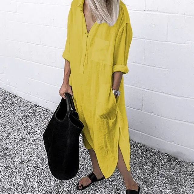ZANZEA Sassy and Sharp Cotton Lapel Neck Pocket Shirt Dress