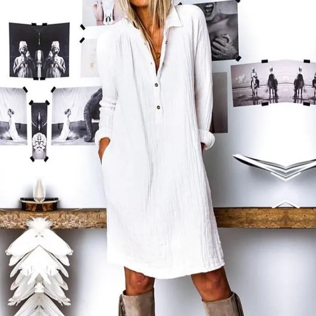 ZANZEA Sassy and Sharp Cotton Lapel Neck Pocket Shirt Dress