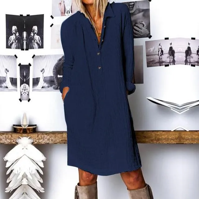ZANZEA Sassy and Sharp Cotton Lapel Neck Pocket Shirt Dress