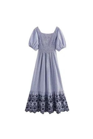 'Zoe' Cutwork Embroidered Striped Dress